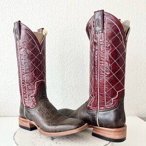 Rod Patrick Mens Cowboy Boots 9A Brown Mocha Bison Red Top Square Toe Western